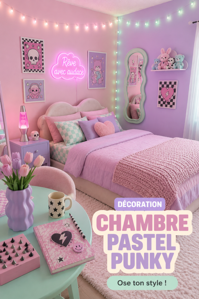 Chambre décorée dans un style pastel punk avec des couleurs douces et des touches audacieuses