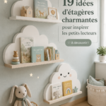 Une charmante bibliothèque pour nursery remplie de livres colorés et jouets.