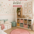 Une belle chambre pour bébé avec des couleurs douces et des accessoires mignons