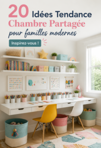 Chambre partagée moderne pour enfants avec lits superposés et décoration colorée.