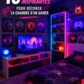 Chambre décorée avec des éléments stylisés pour un gamer, ambiance moderne et confortable.