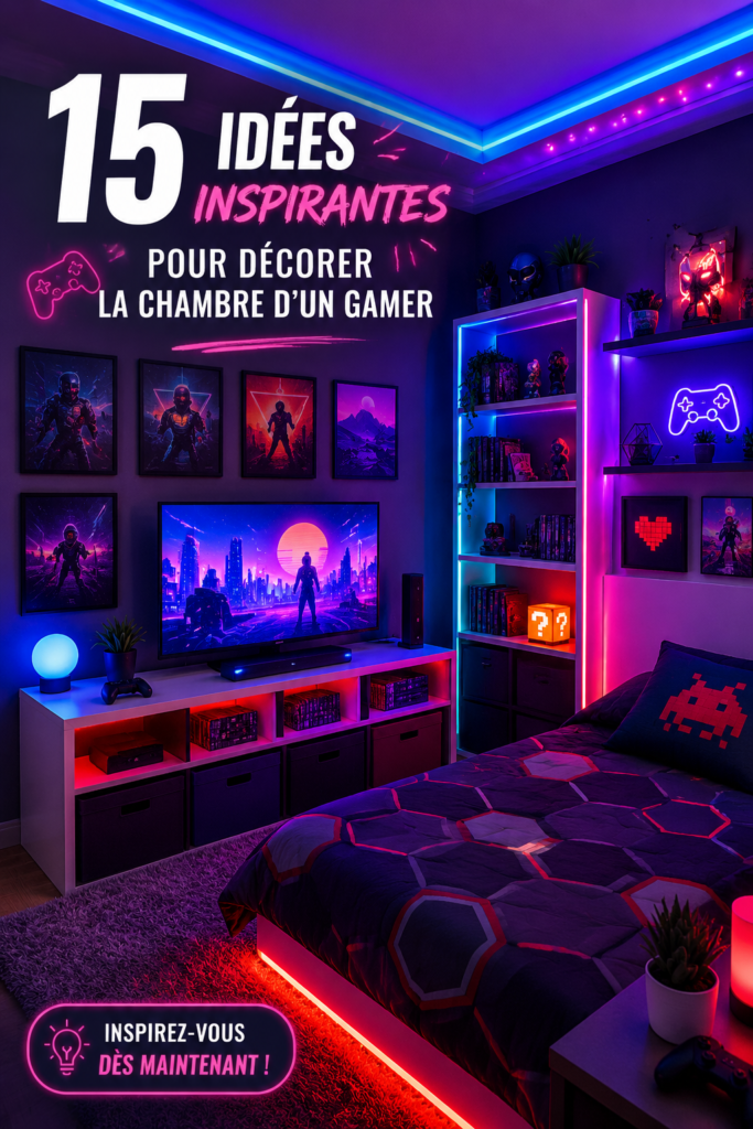 Chambre décorée avec des éléments stylisés pour un gamer, ambiance moderne et confortable.