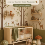 Chambre d'enfant décorée avec des éléments de forêt enchantée, créant une atmosphère apaisante.