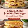 Une assiette de pancakes salés jambon-fromage, garnis de fromage fondant et d'herbes fraîches.