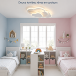 Un plafonnier nuage suspendu dans une chambre d'enfant, créant une atmosphère douce et chaleureuse.