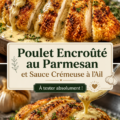 Un plat de poulet encroûté au parmesan, garni d'une sauce crémeuse à l'ail, prêt à être servi.