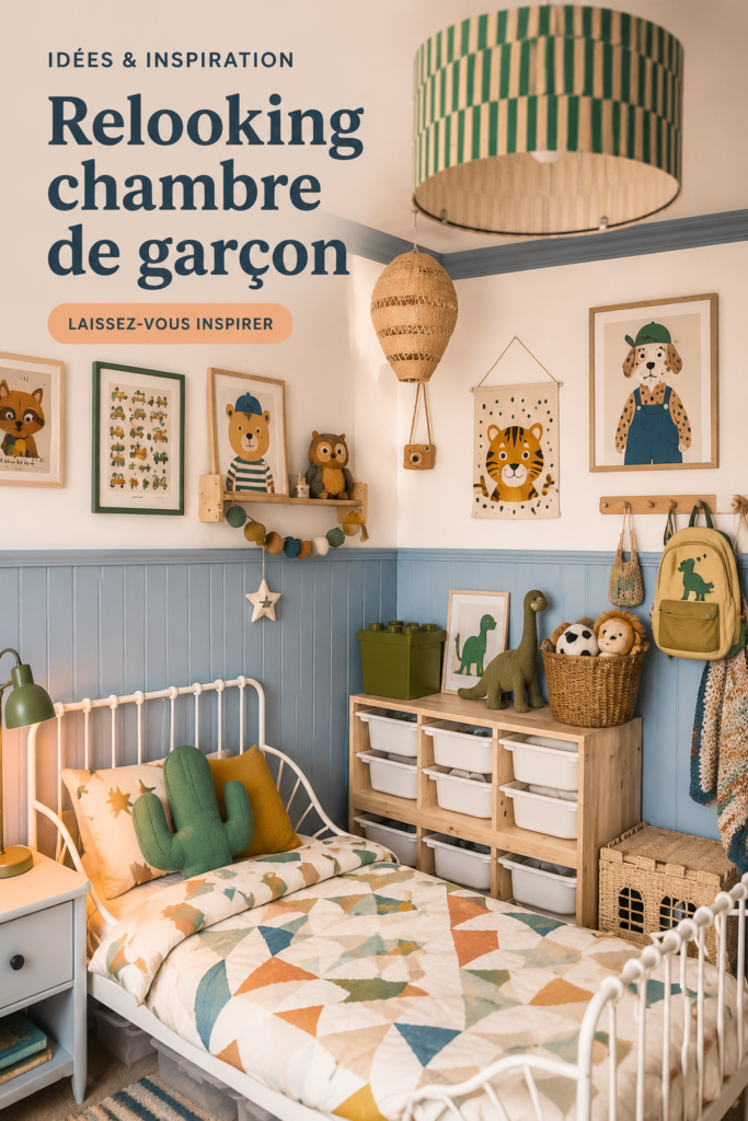 Chambre de garçon décorée avec des couleurs vives et des éléments ludiques.