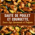 Sauté de poulet aux courgettes accompagné de sauce soja, prêt à être dégusté.