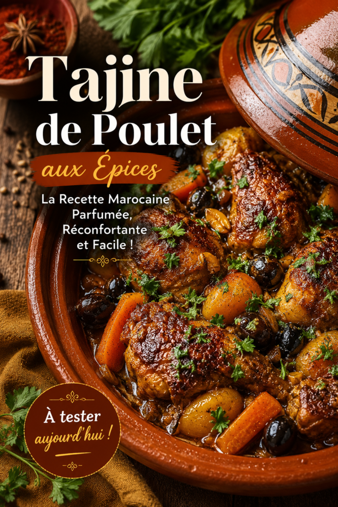 Tajine de poulet aux épices fraîchement préparé, servi avec des légumes