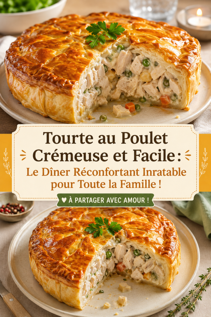 Une délicieuse tourte au poulet crémeuse sortie du four, prête à être dégustée.