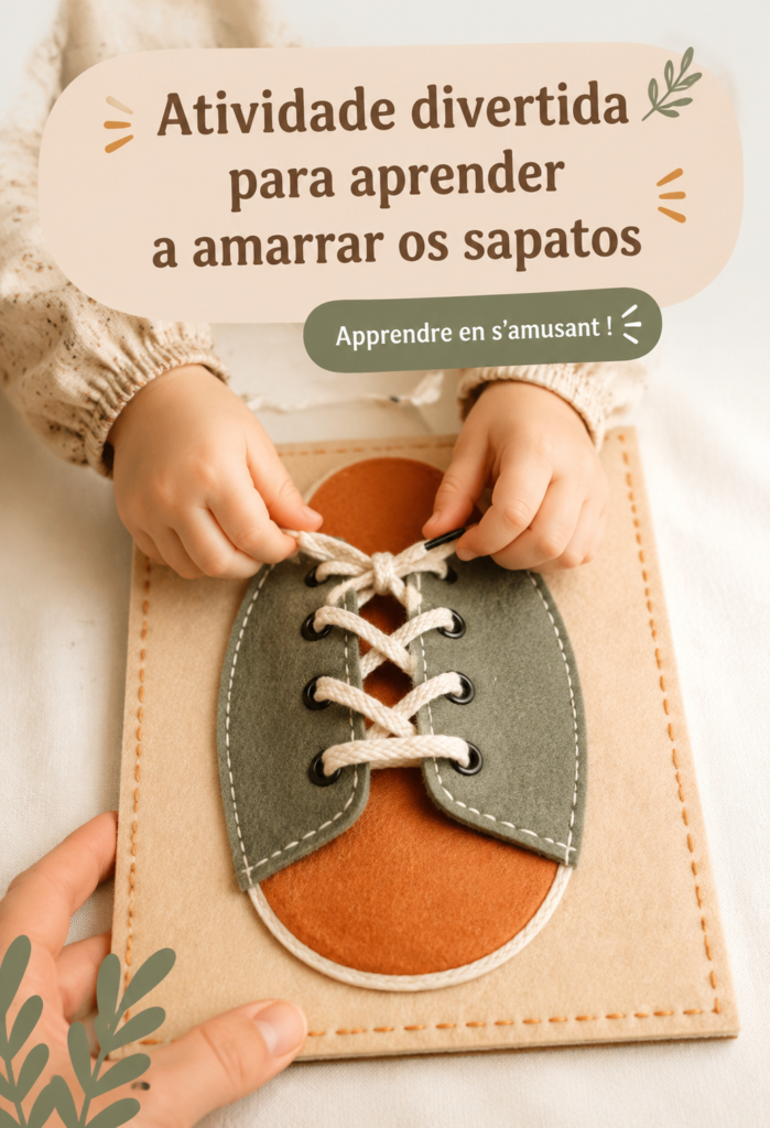 Une enfant s'entraîne à lacer ses chaussures de manière amusante, un vrai moment de convivialité.