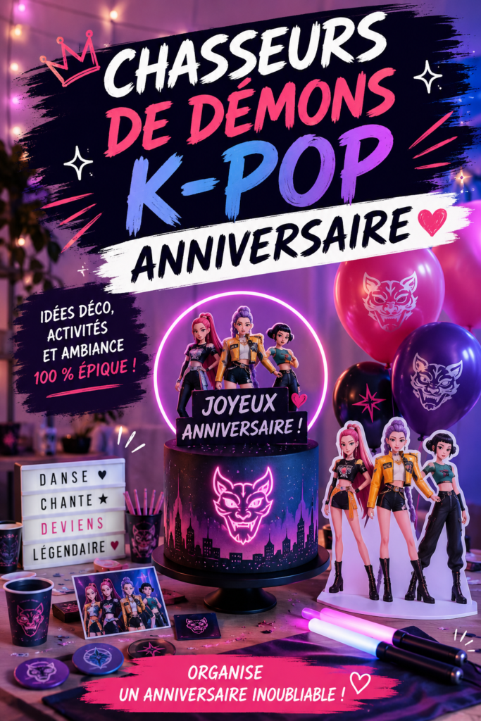 Une table décorée avec des éléments d'anniversaire K-Pop pour enfants, comprenant des ballons et un gâteau coloré.
