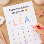 Une femme apprenant à écrire son prénom avec concentration.