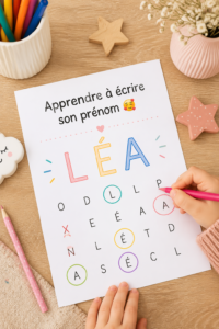 Une femme apprenant à écrire son prénom avec concentration.