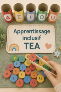Un groupe d'enfants en classe apprenant ensemble avec des outils adaptés pour le TEA.