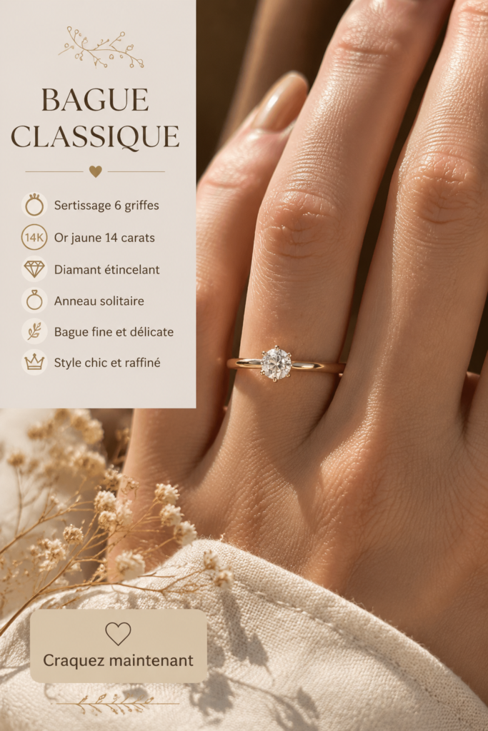 Bague de fiançailles en or 14K avec un solitaire brillant, symbolisant l'élégance et l'engagement.