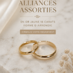 Bagues de mariage en or jaune brillantes et élégantes sur une table en bois.