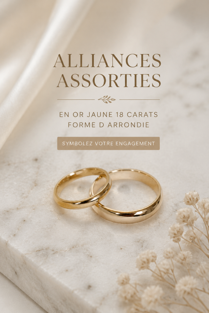 Bagues de mariage en or jaune brillantes et élégantes sur une table en bois.