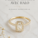 Bague en taille émeraude entourée de diamants, un exemple d'élégance moderne.