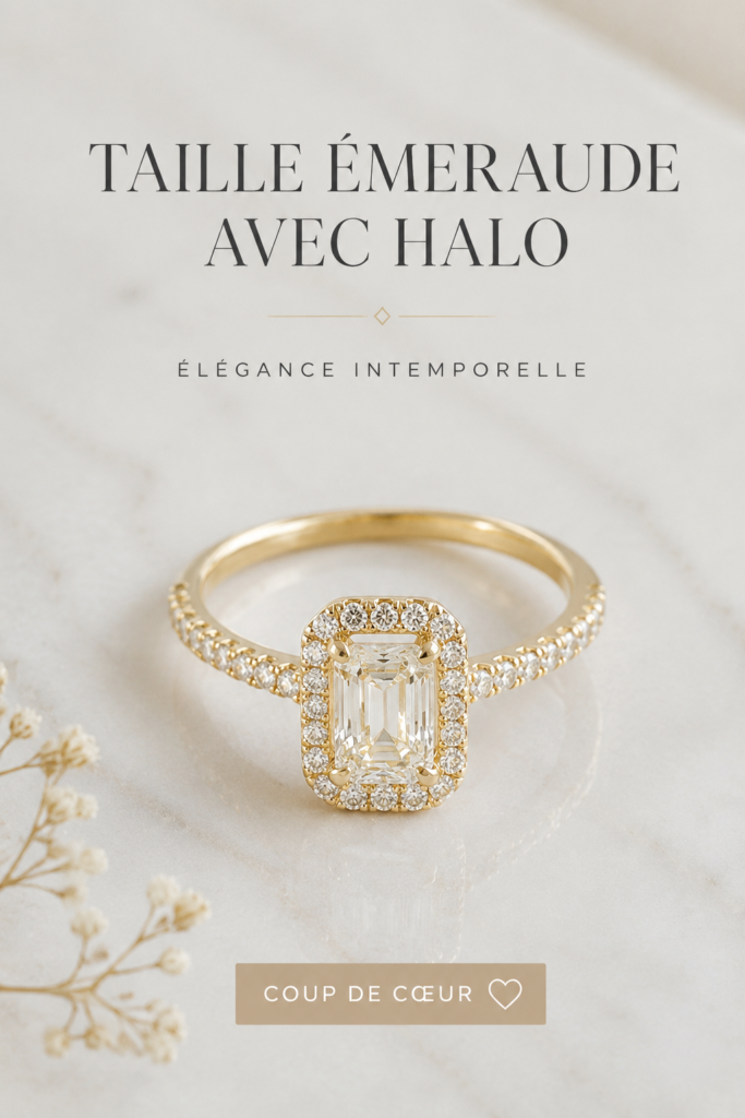 Bague en taille émeraude entourée de diamants, un exemple d'élégance moderne.