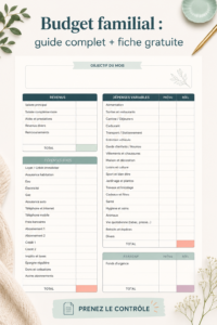Illustration d'une femme utilisant une fiche de budget familial pour organiser ses finances