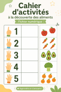 Un cahier d'activités coloré sur les aliments avec des illustrations ludiques pour enfants.