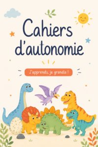 Un enfant souriant utilisant un cahier d'autonomie dans un environnement chaleureux.