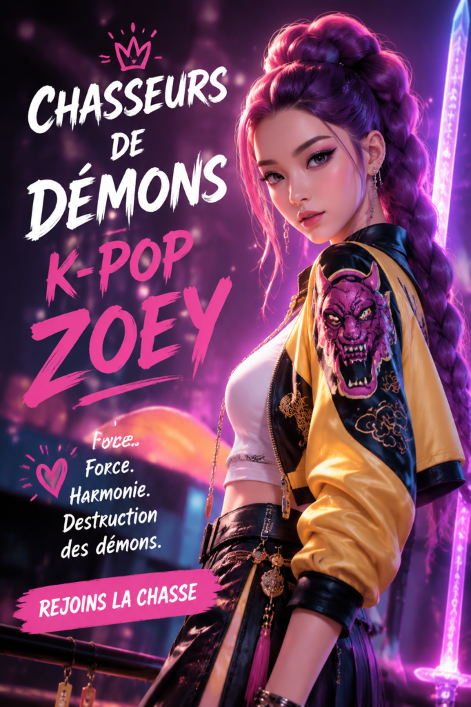 Une affiche colorée représentant un chasseur de démons inspiré de la K-pop.