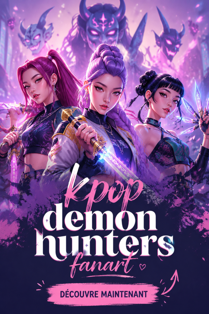 Fan art K-pop mettant en avant des chasseurs de démons dans un style vibrant.