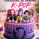 Gâteau chasseurs de démons inspiré de la K-pop avec décorations vibrantes