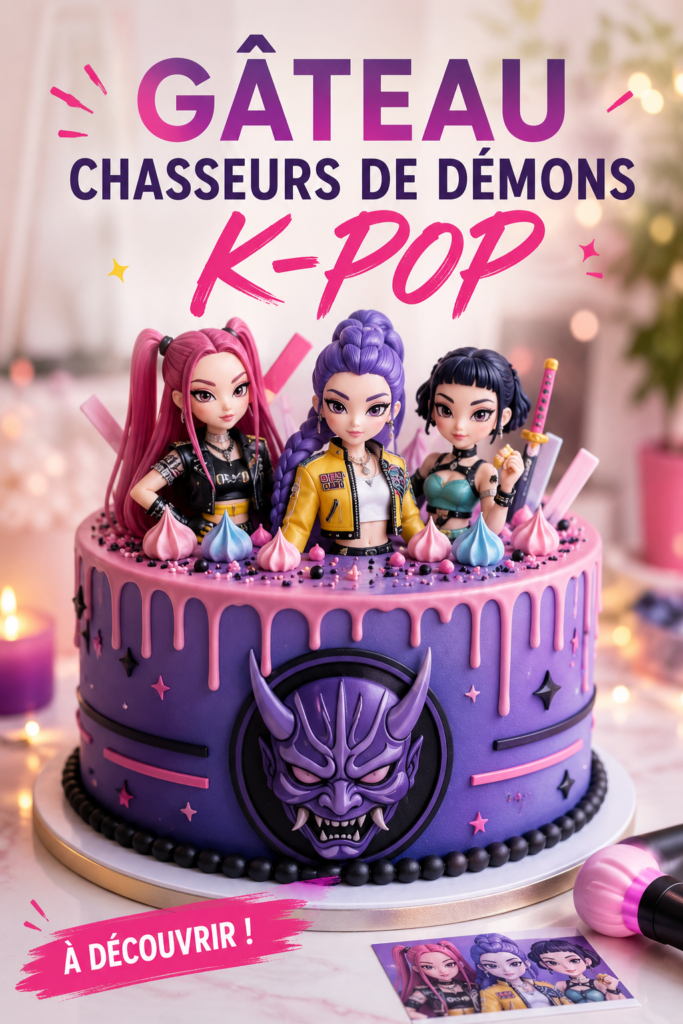 Gâteau chasseurs de démons inspiré de la K-pop avec décorations vibrantes