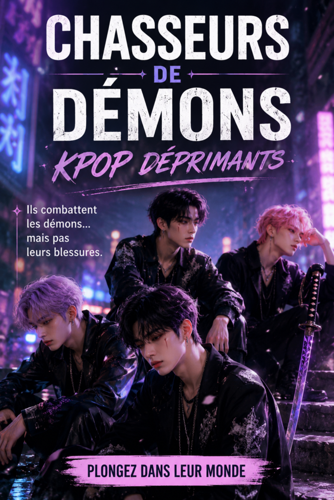 Un groupe K-Pop en performance, sur scène avec des lumières sombres accentuant une ambiance mélancolique.