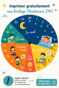 Illustration d'une horloge Montessori imprimable pour apprendre le temps