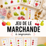 Enfants jouant à un jeu de marchande avec des imprimés colorés.