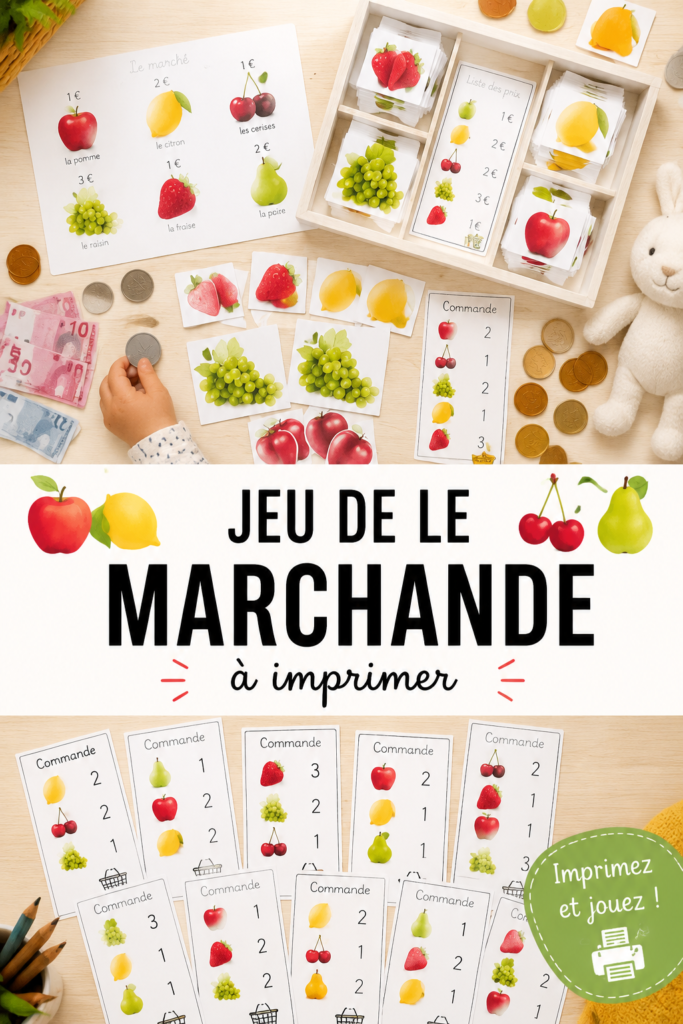 Enfants jouant à un jeu de marchande avec des imprimés colorés.