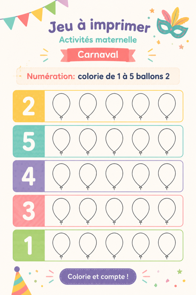 Un enfant colorie des ballons dans une activité éducative pour le Carnaval.