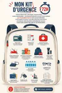 Image d'un kit d'urgence bien préparé pour 72 heures avec des fournitures essentielles.