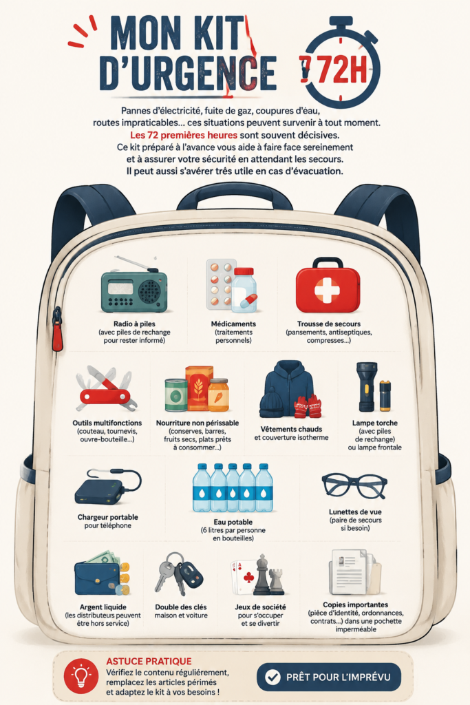 Image d'un kit d'urgence bien préparé pour 72 heures avec des fournitures essentielles.