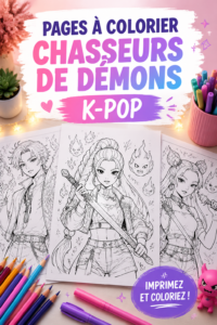 Une page à colorier inspirée des chasseurs de démons K-pop, dévoilant des personnages stylisés prêts à être colorés.