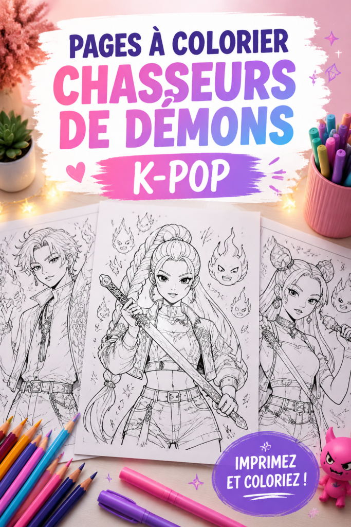 Une page à colorier inspirée des chasseurs de démons K-pop, dévoilant des personnages stylisés prêts à être colorés.