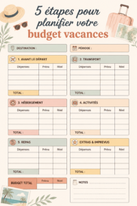 Femme planifiant son budget vacances sur une table avec des documents et une calculatrice