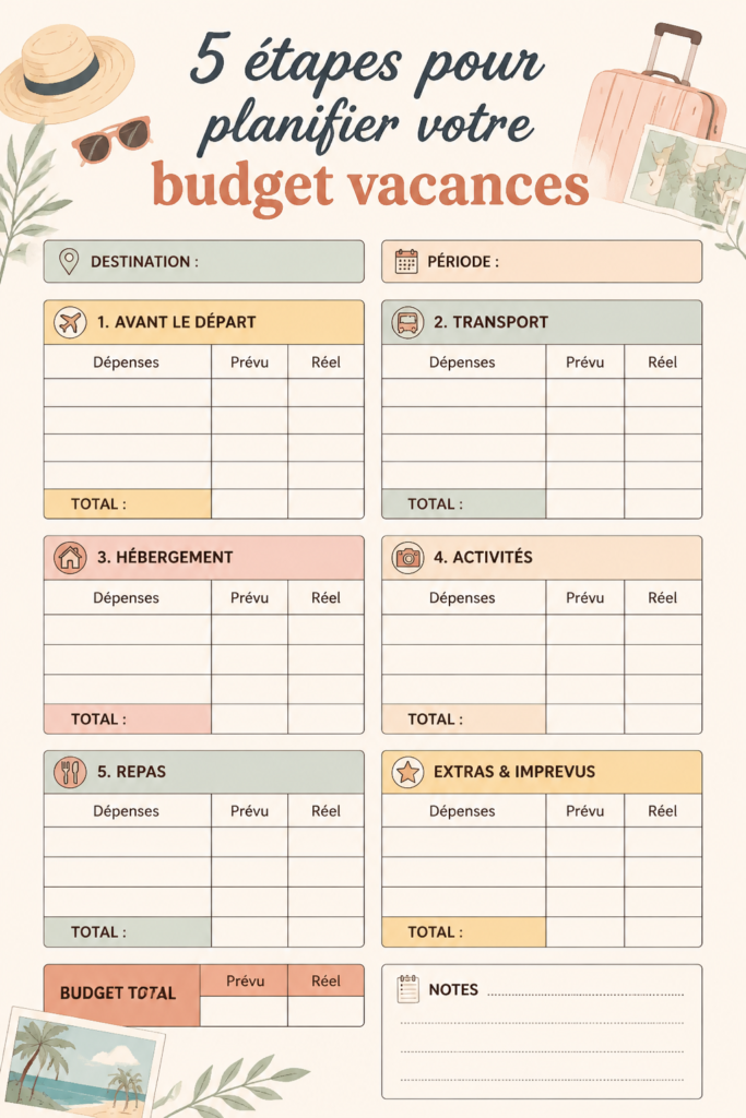 Femme planifiant son budget vacances sur une table avec des documents et une calculatrice