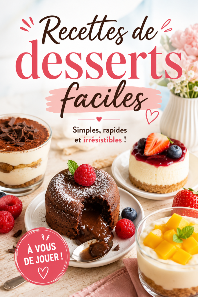 Assortiment de desserts faciles sur une table en bois.