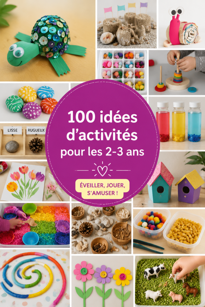 Image colorée d'activités Montessori pour les jeunes enfants, mettant en avant le jeu et l'apprentissage.