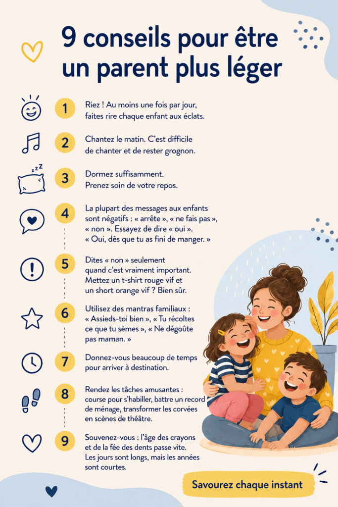 Un parent heureux jouant avec ses enfants dans le jardin, illustrant une parentalité joyeuse et légère.