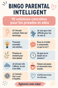 Bingo parental avec des idées pour préadolescents sur une table familiale