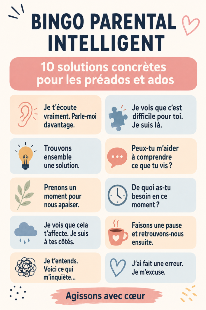 Bingo parental avec des idées pour préadolescents sur une table familiale