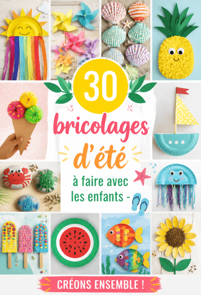 Bricolages d'été réalisés par des enfants, mettant en avant leur créativité et amusement.