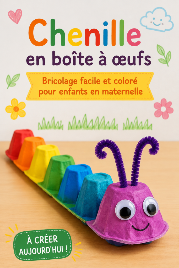 Chenille colorée réalisée avec une boîte à œufs et des peintures, montrant une activité manuelle pour enfants.