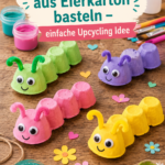 Une chenille colorée fabriquée à partir d'œufs en carton sur une table.